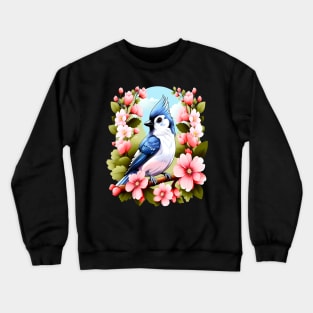 Cute Tufted Titmouse Surrounded by Vibrant Spring Flowers Crewneck Sweatshirt